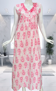 Pink Floral Pure Cotton Sleeveless Nighty. Pure Durable Cotton | Laces and Frills