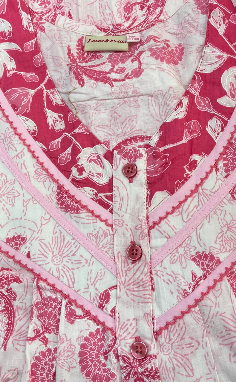 Pink Floral Pure Cotton Sleeveless Nighty. Pure Durable Cotton | Laces and Frills
