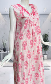 Pink Floral Pure Cotton Sleeveless Nighty. Pure Durable Cotton | Laces and Frills