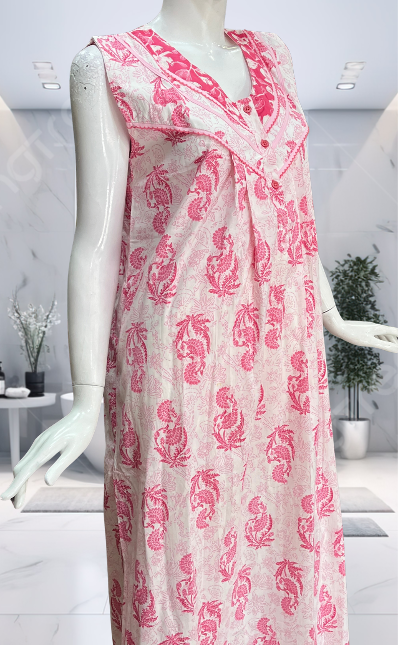 Pink Floral Pure Cotton Sleeveless Nighty. Pure Durable Cotton | Laces and Frills
