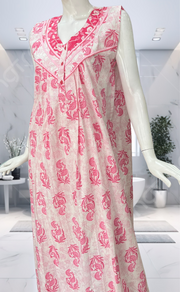 Pink Floral Pure Cotton Sleeveless Nighty. Pure Durable Cotton | Laces and Frills