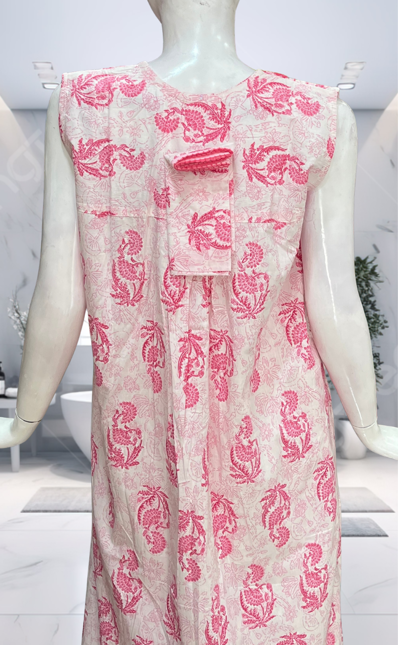 Pink Floral Pure Cotton Sleeveless Nighty. Pure Durable Cotton | Laces and Frills