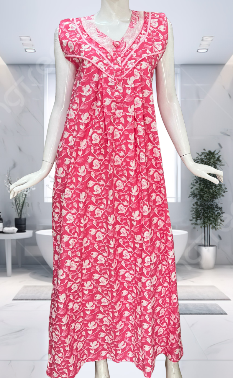 Pink Floral Pure Cotton Sleeveless Nighty. Pure Durable Cotton | Laces and Frills