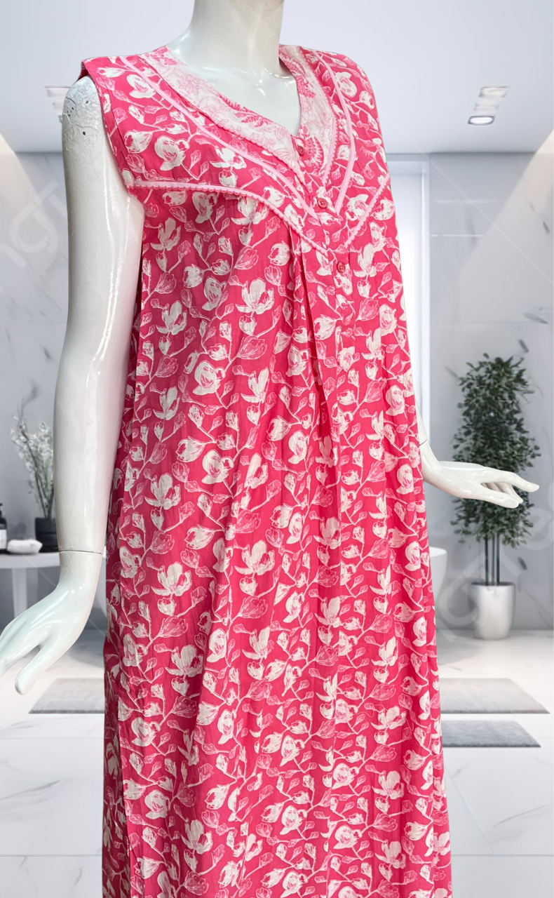 Pink Floral Pure Cotton Sleeveless Nighty. Pure Durable Cotton | Laces and Frills
