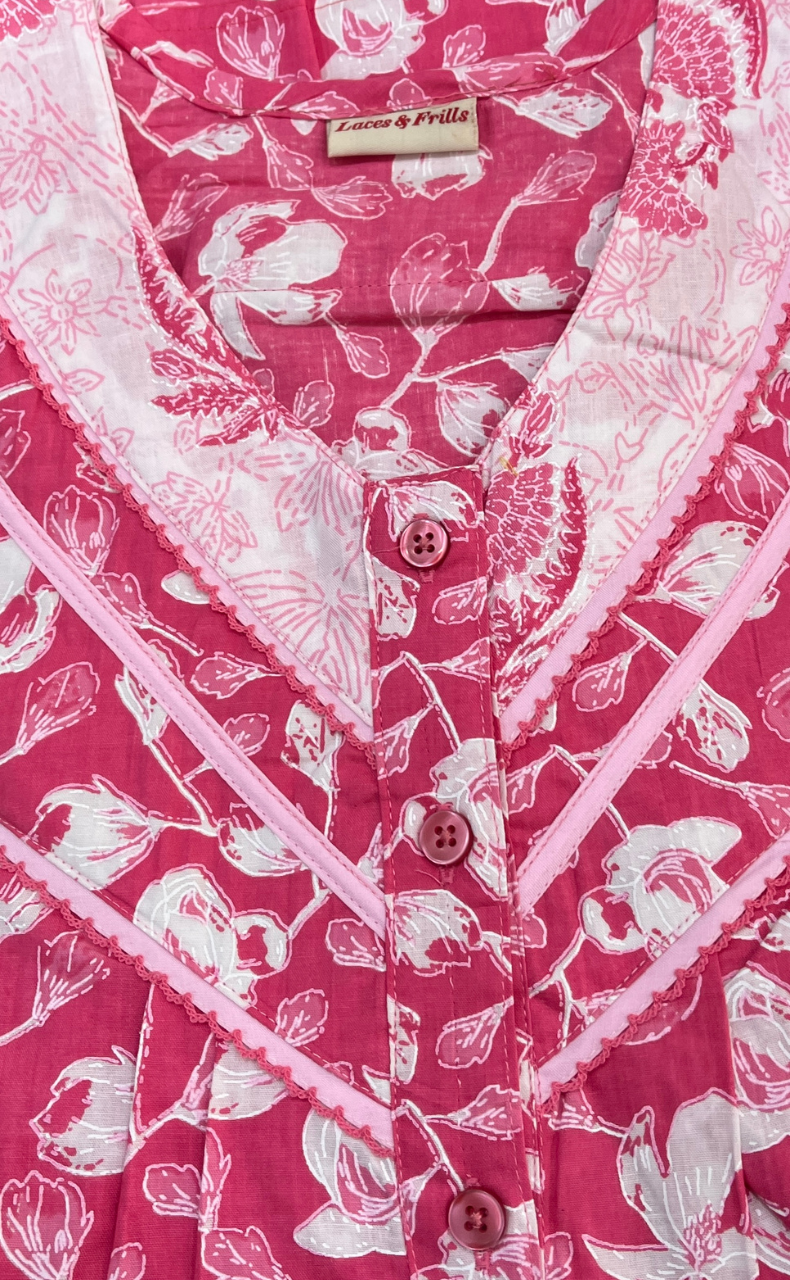 Pink Floral Pure Cotton Sleeveless Nighty. Pure Durable Cotton | Laces and Frills