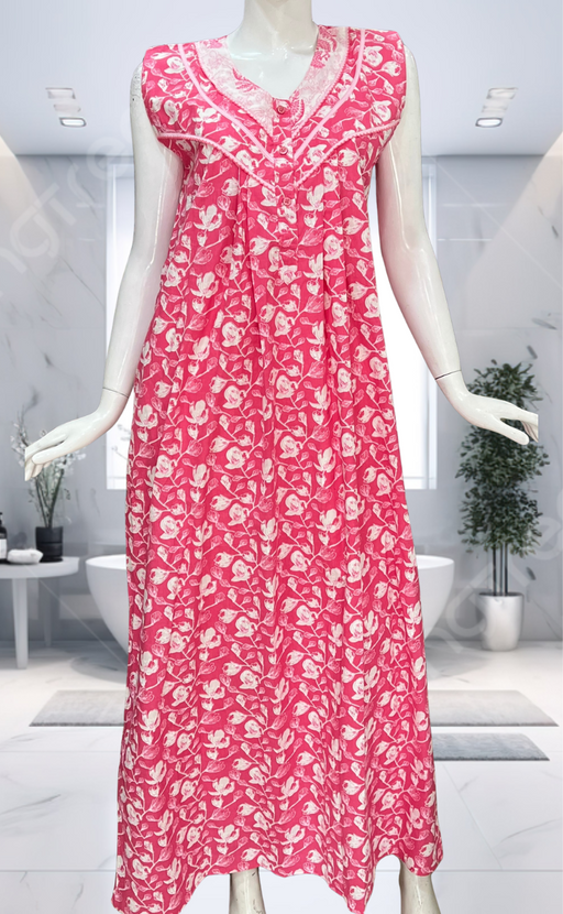 Pink Floral Pure Cotton Sleeveless Nighty. Pure Durable Cotton | Laces and Frills