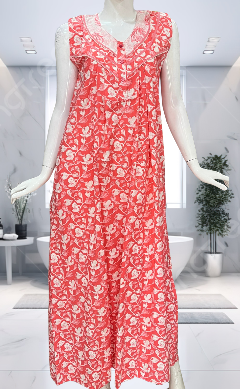 Peach Floral Pure Cotton Sleeveless Nighty. Pure Durable Cotton | Laces and Frills