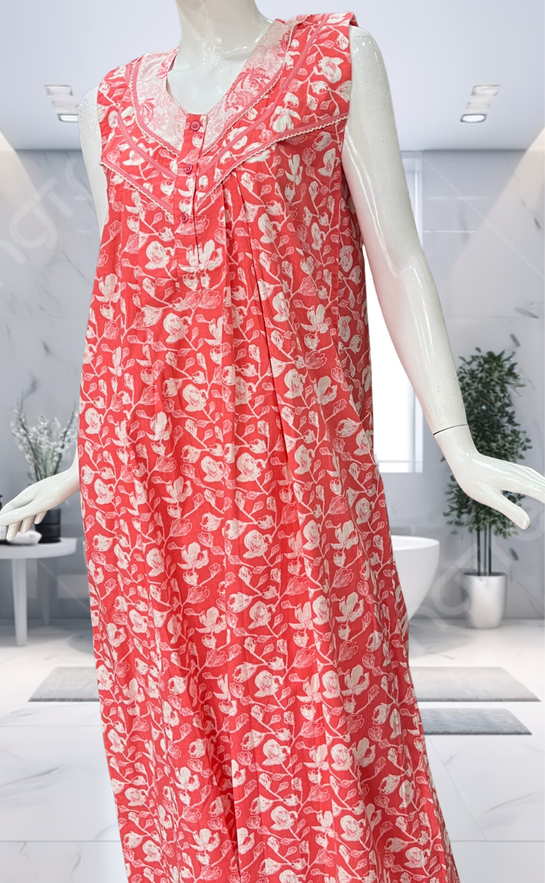 Peach Floral Pure Cotton Sleeveless Nighty. Pure Durable Cotton | Laces and Frills