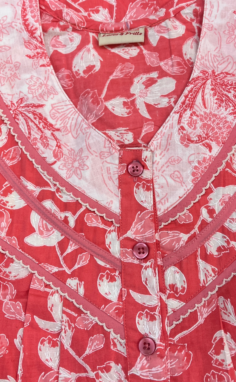 Peach Floral Pure Cotton Sleeveless Nighty. Pure Durable Cotton | Laces and Frills