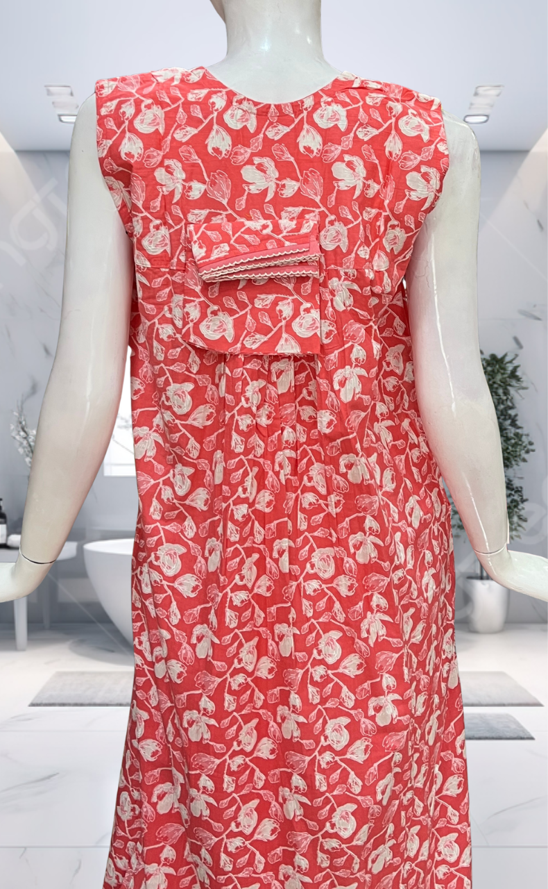 Peach Floral Pure Cotton Sleeveless Nighty. Pure Durable Cotton | Laces and Frills