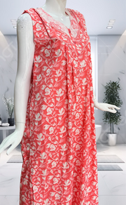 Peach Floral Pure Cotton Sleeveless Nighty. Pure Durable Cotton | Laces and Frills