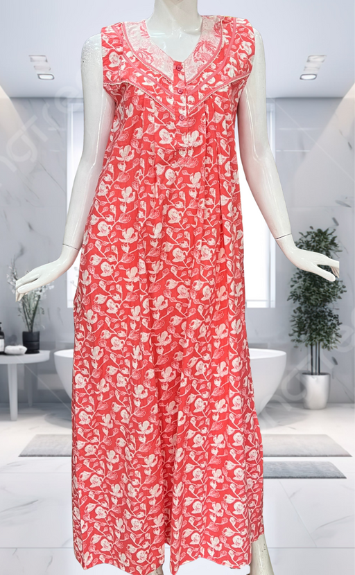 Peach Floral Pure Cotton Sleeveless Nighty. Pure Durable Cotton | Laces and Frills
