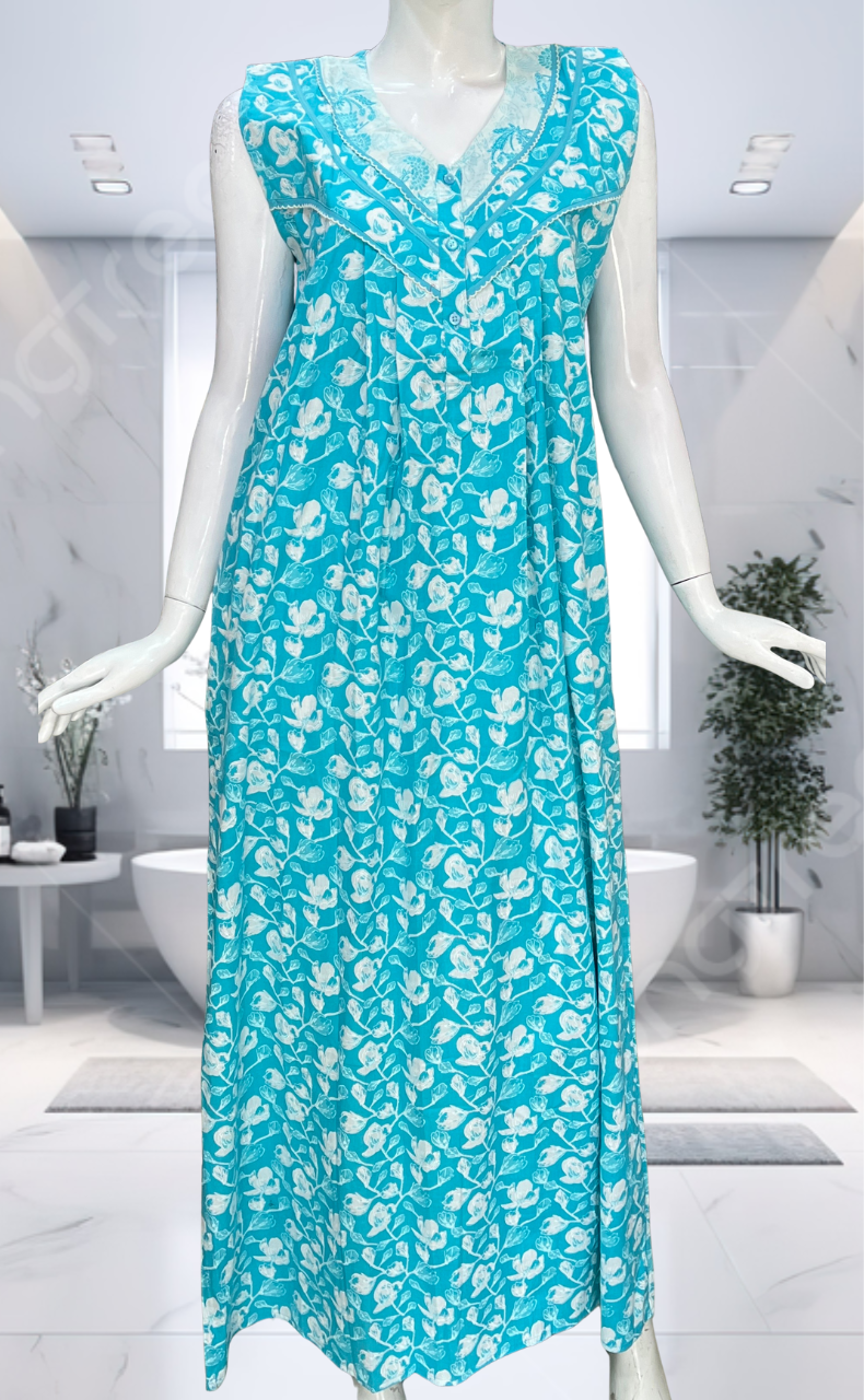 Sky Blue Floral Pure Cotton Sleeveless Nighty. Pure Durable Cotton | Laces and Frills