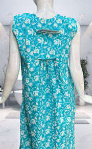 Sky Blue Floral Pure Cotton Sleeveless Nighty. Pure Durable Cotton | Laces and Frills