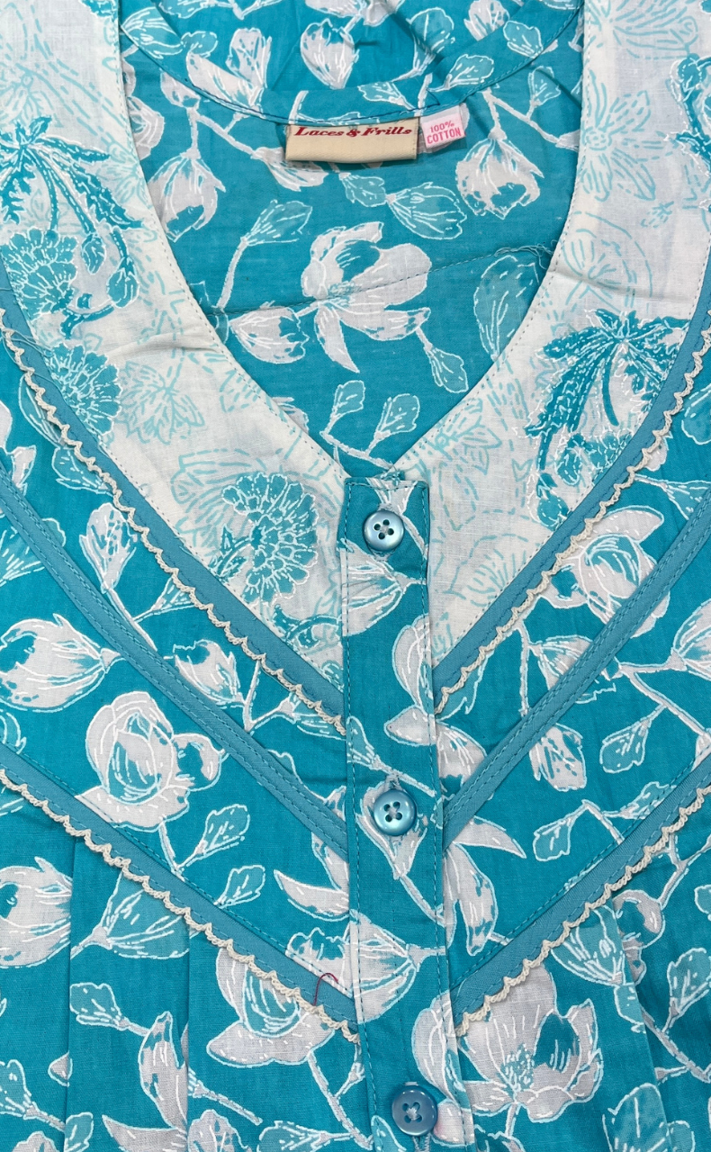 Sky Blue Floral Pure Cotton Sleeveless Nighty. Pure Durable Cotton | Laces and Frills