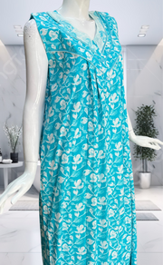 Sky Blue Floral Pure Cotton Sleeveless Nighty. Pure Durable Cotton | Laces and Frills