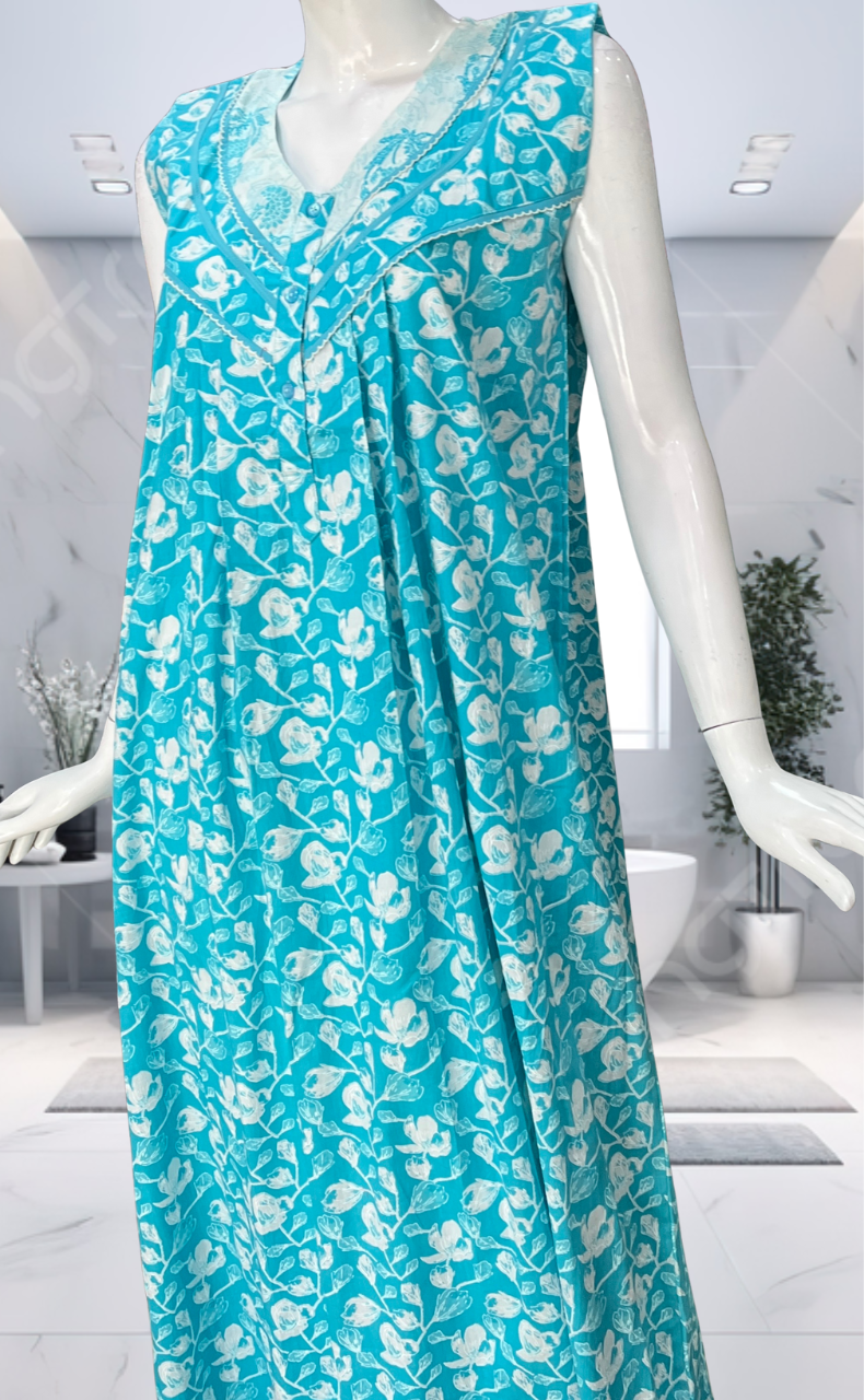 Sky Blue Floral Pure Cotton Sleeveless Nighty. Pure Durable Cotton | Laces and Frills
