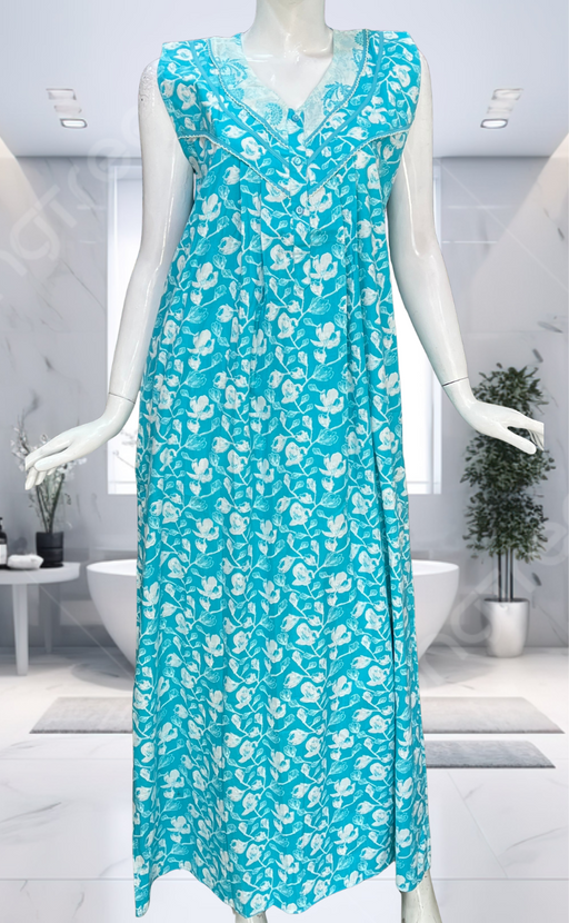 Sky Blue Floral Pure Cotton Sleeveless Nighty. Pure Durable Cotton | Laces and Frills
