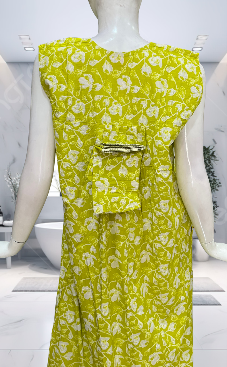 Lime Green Floral Pure Cotton Sleeveless Nighty. Pure Durable Cotton | Laces and Frills