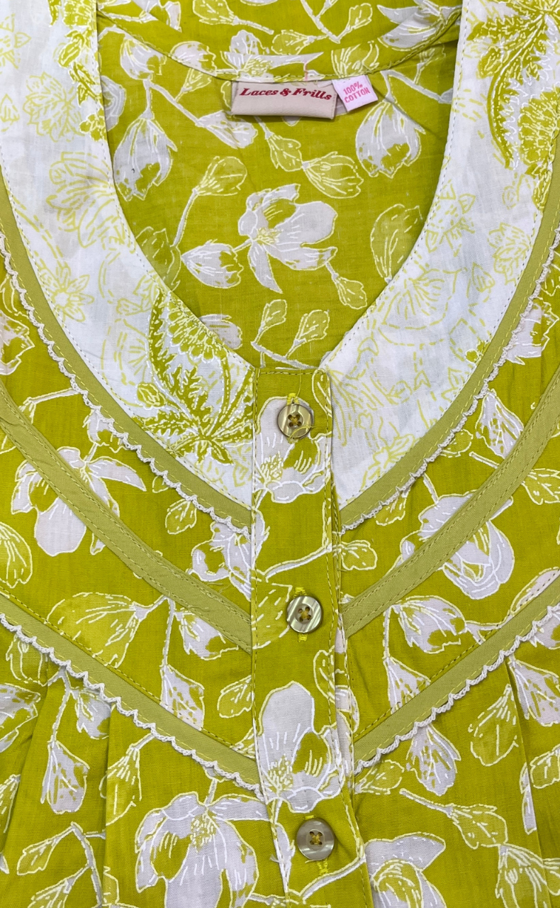 Lime Green Floral Pure Cotton Sleeveless Nighty. Pure Durable Cotton | Laces and Frills
