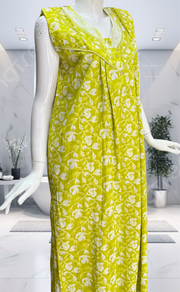 Lime Green Floral Pure Cotton Sleeveless Nighty. Pure Durable Cotton | Laces and Frills