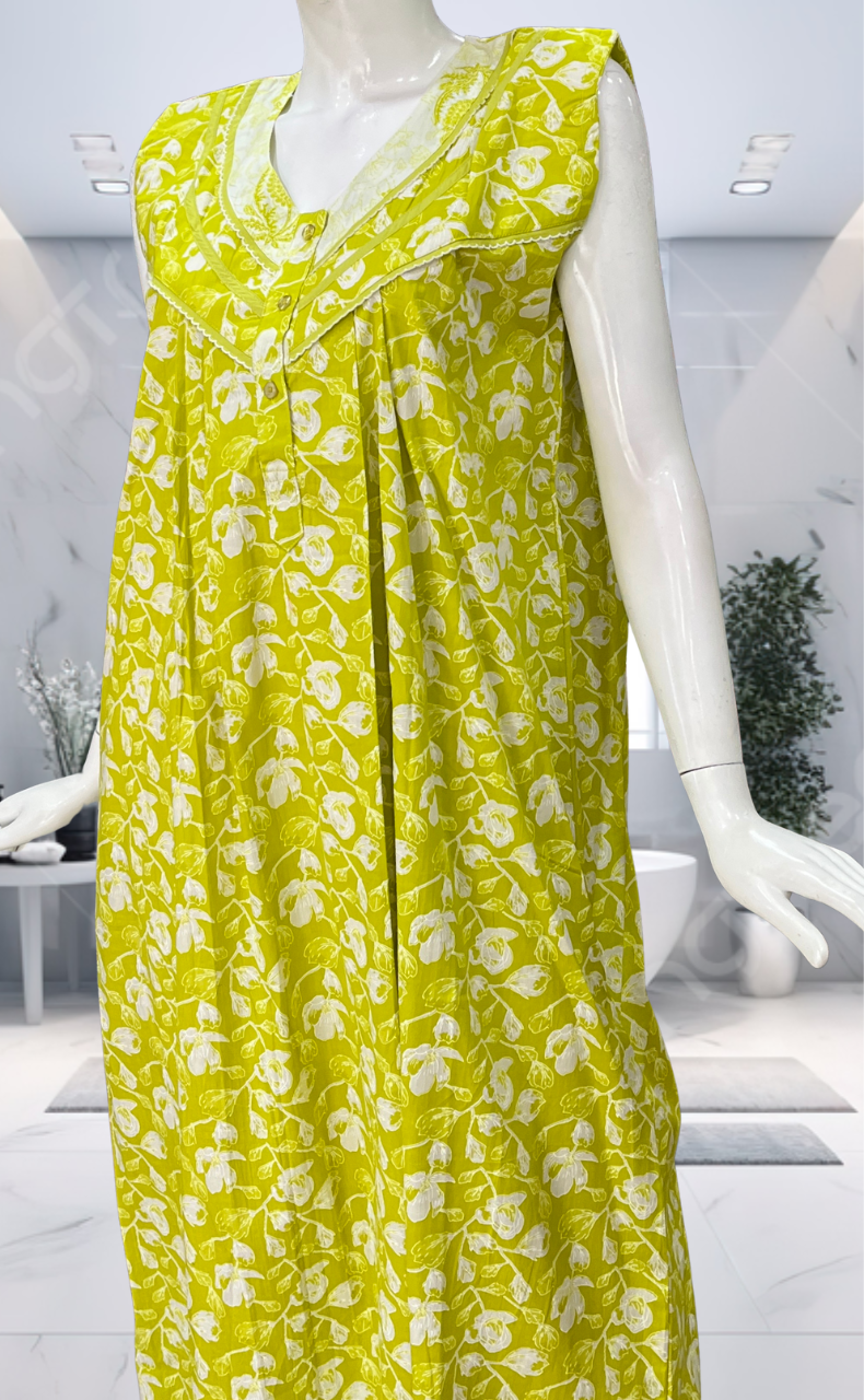 Lime Green Floral Pure Cotton Sleeveless Nighty. Pure Durable Cotton | Laces and Frills