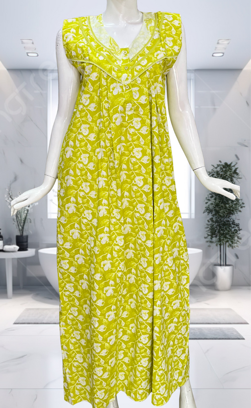 Lime Green Floral Pure Cotton Sleeveless Nighty. Pure Durable Cotton | Laces and Frills