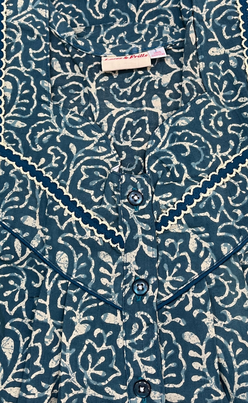 Teal Blue Garden Pure Cotton Sleeveless Nighty. Pure Durable Cotton | Laces and Frills