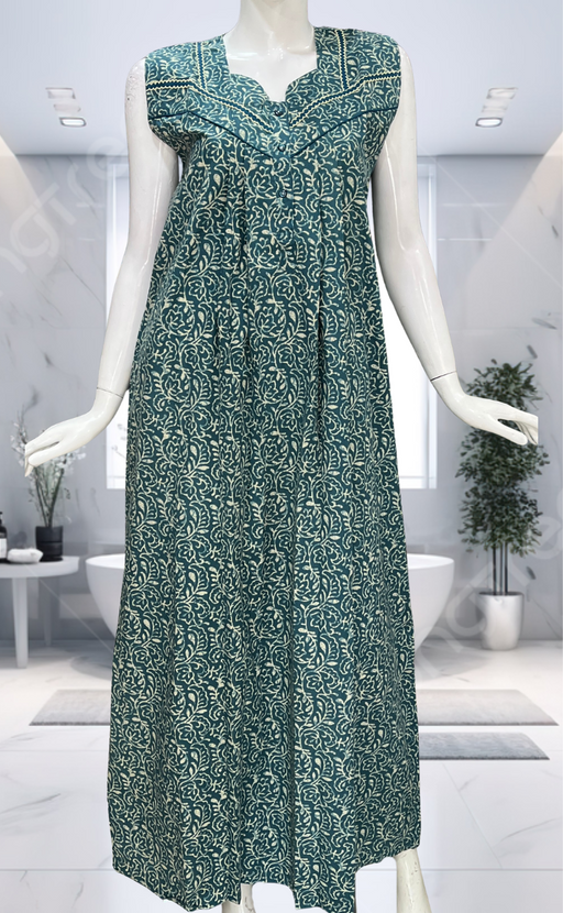 Teal Blue Garden Pure Cotton Sleeveless Nighty. Pure Durable Cotton | Laces and Frills
