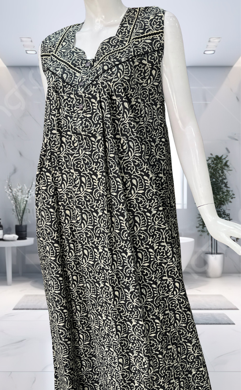 Black Garden Pure Cotton Sleeveless Nighty. Pure Durable Cotton | Laces and Frills