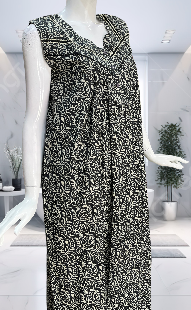 Black Garden Pure Cotton Sleeveless Nighty. Pure Durable Cotton | Laces and Frills