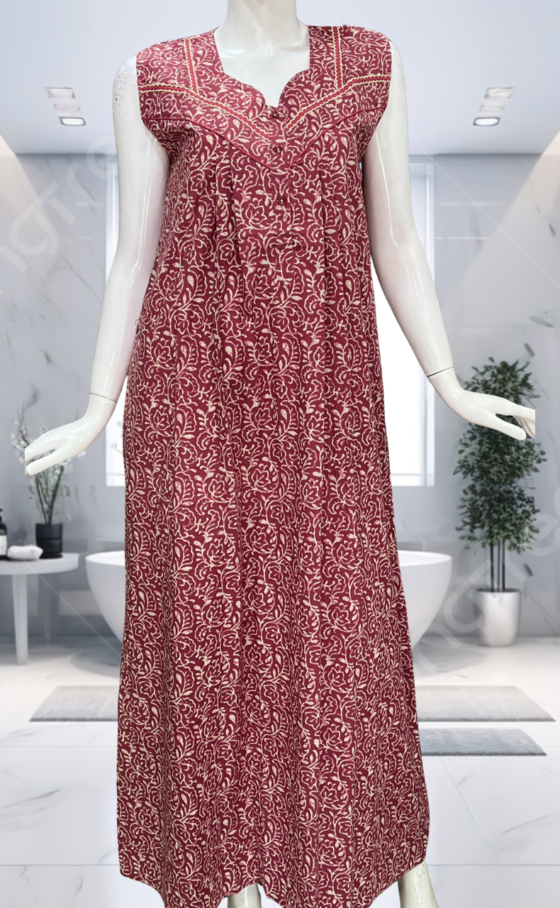 Pink Garden Pure Cotton Sleeveless Nighty. Pure Durable Cotton | Laces and Frills