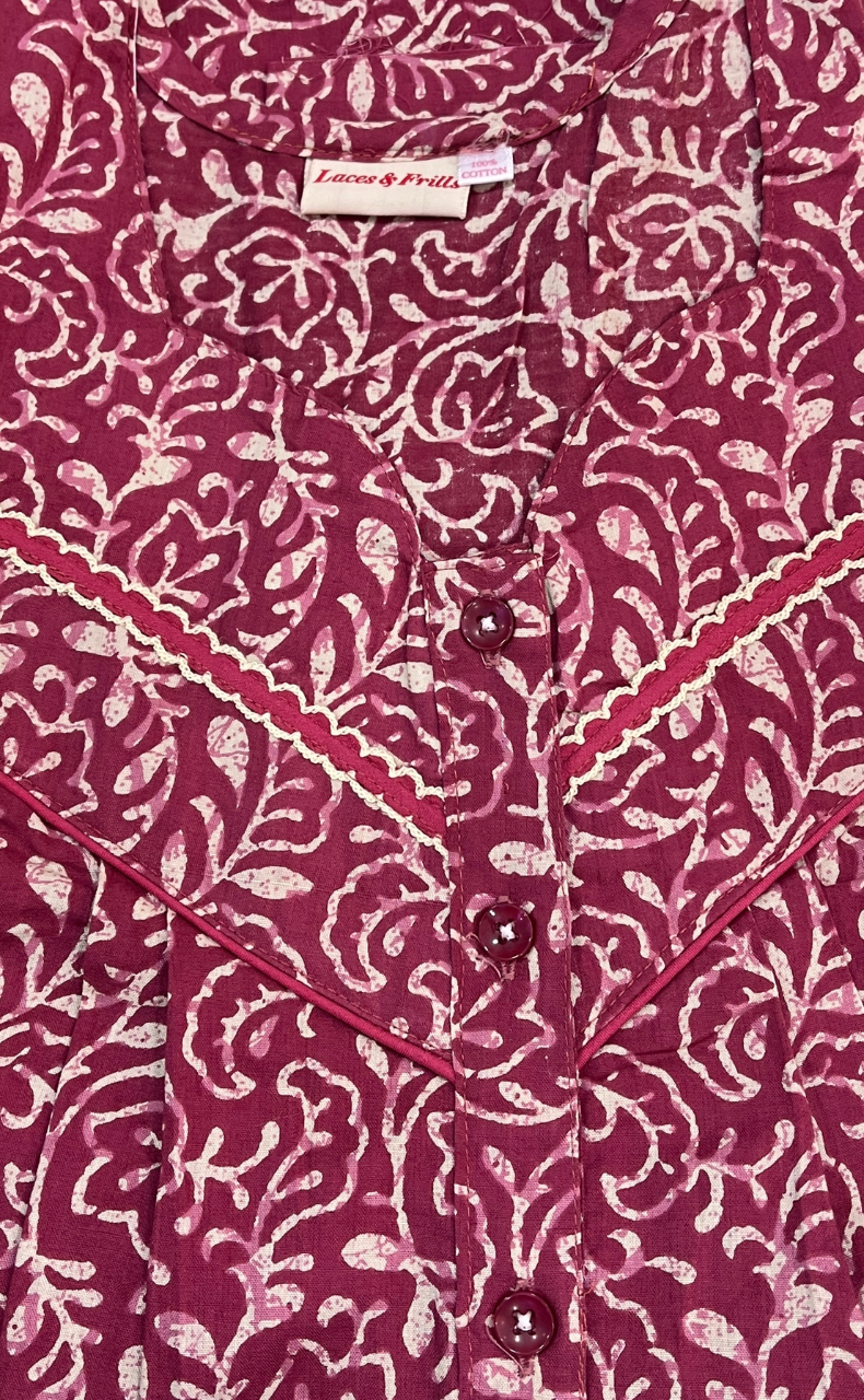 Pink Garden Pure Cotton Sleeveless Nighty. Pure Durable Cotton | Laces and Frills