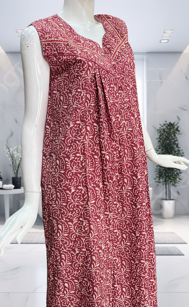 Pink Garden Pure Cotton Sleeveless Nighty. Pure Durable Cotton | Laces and Frills