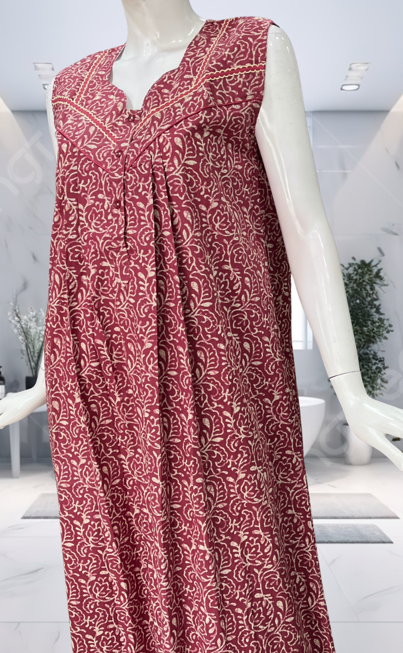 Pink Garden Pure Cotton Sleeveless Nighty. Pure Durable Cotton | Laces and Frills