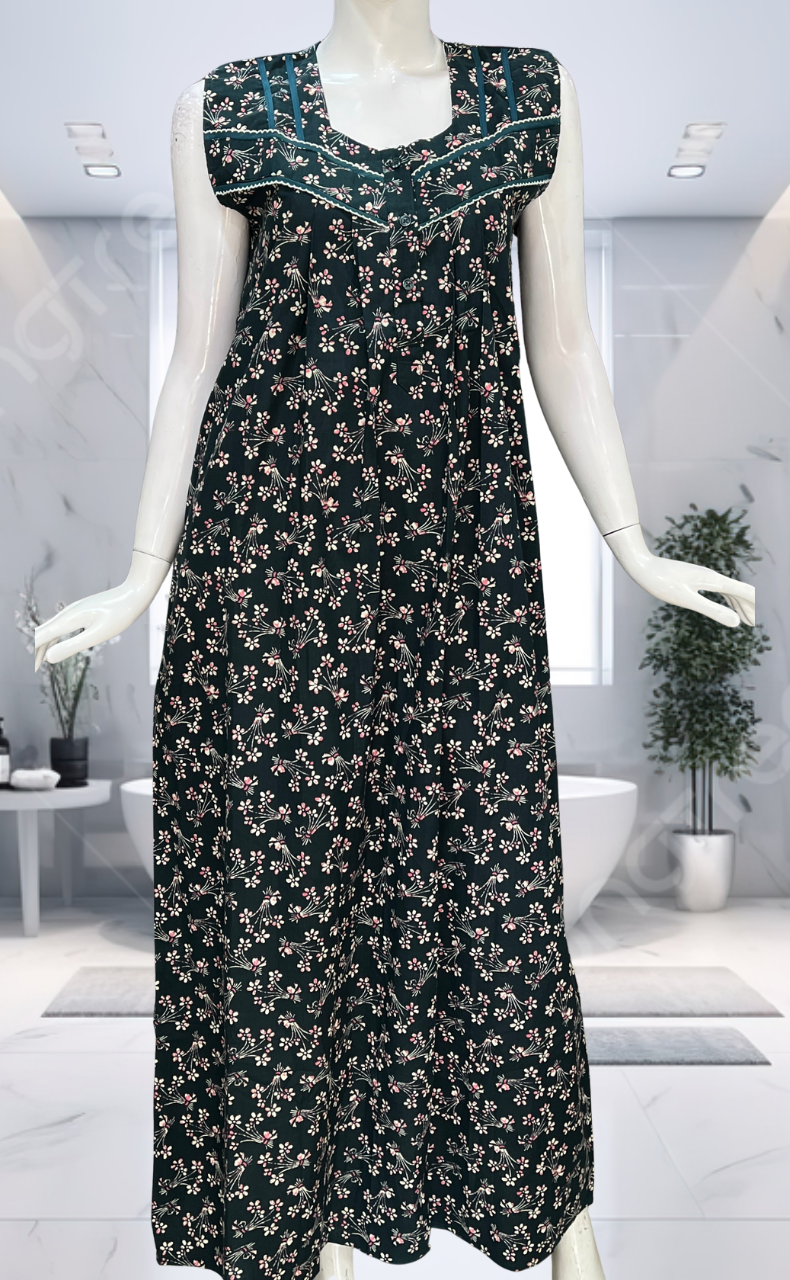 Bottle Green Garden Pure Cotton Sleeveless Nighty. Pure Durable Cotton | Laces and Frills