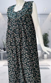 Bottle Green Garden Pure Cotton Sleeveless Nighty. Pure Durable Cotton | Laces and Frills