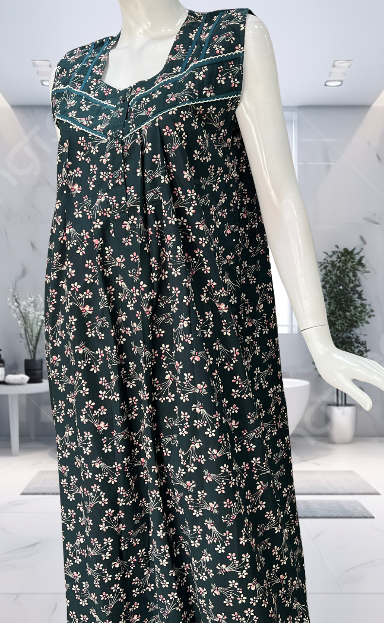 Bottle Green Garden Pure Cotton Sleeveless Nighty. Pure Durable Cotton | Laces and Frills