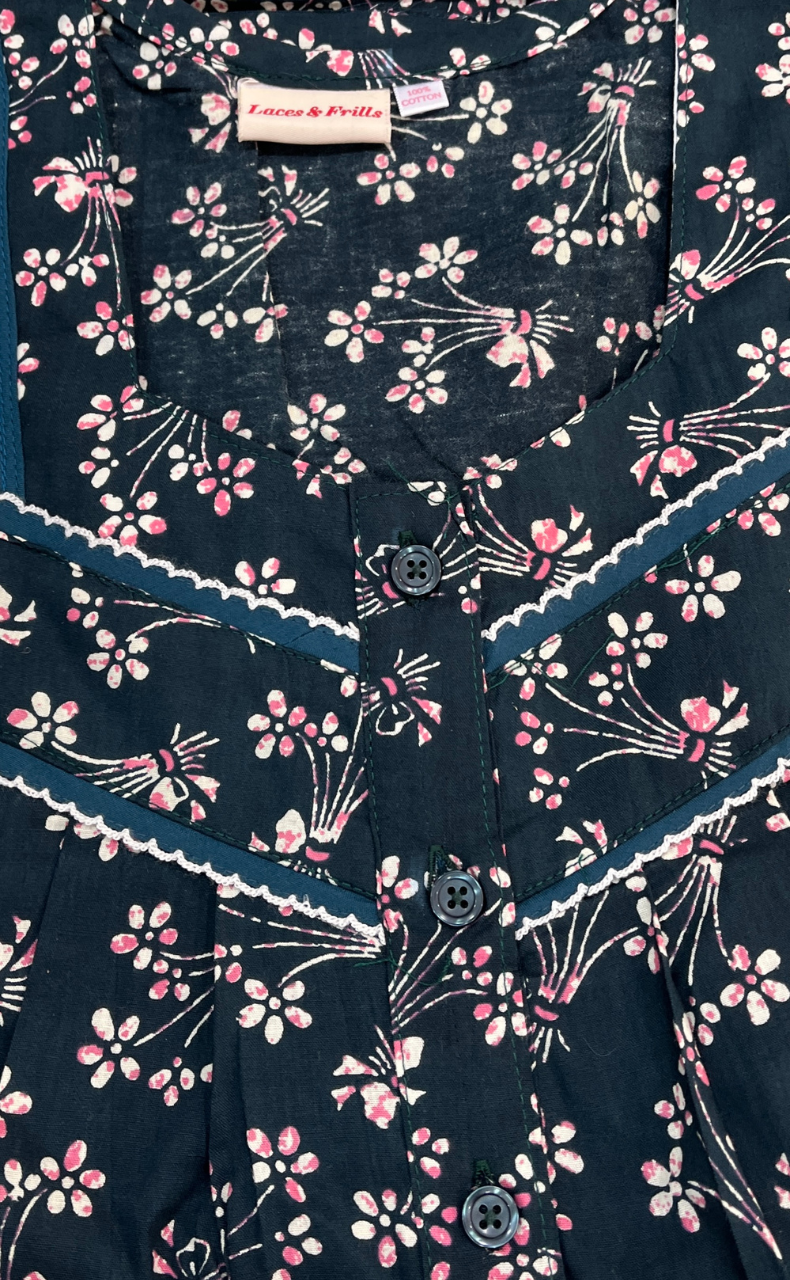 Bottle Green Garden Pure Cotton Sleeveless Nighty. Pure Durable Cotton | Laces and Frills