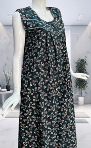 Bottle Green Garden Pure Cotton Sleeveless Nighty. Pure Durable Cotton | Laces and Frills