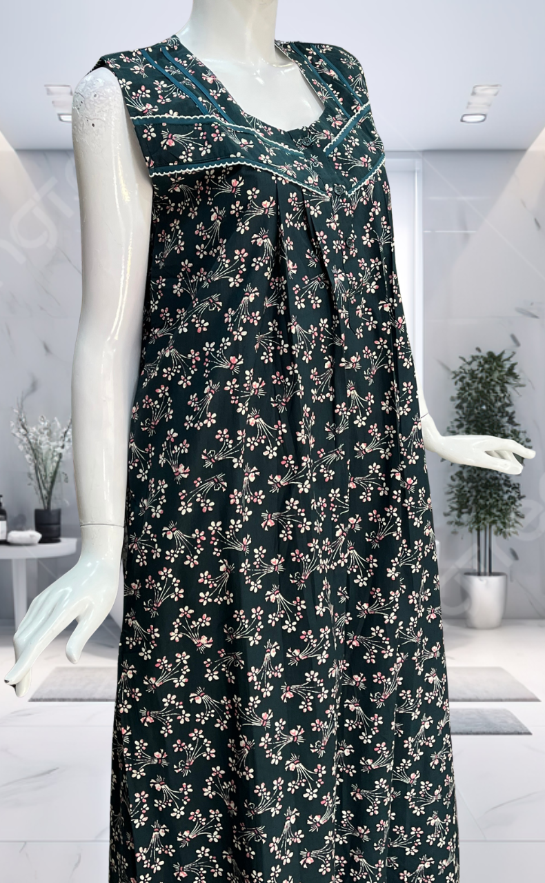 Bottle Green Garden Pure Cotton Sleeveless Nighty. Pure Durable Cotton | Laces and Frills
