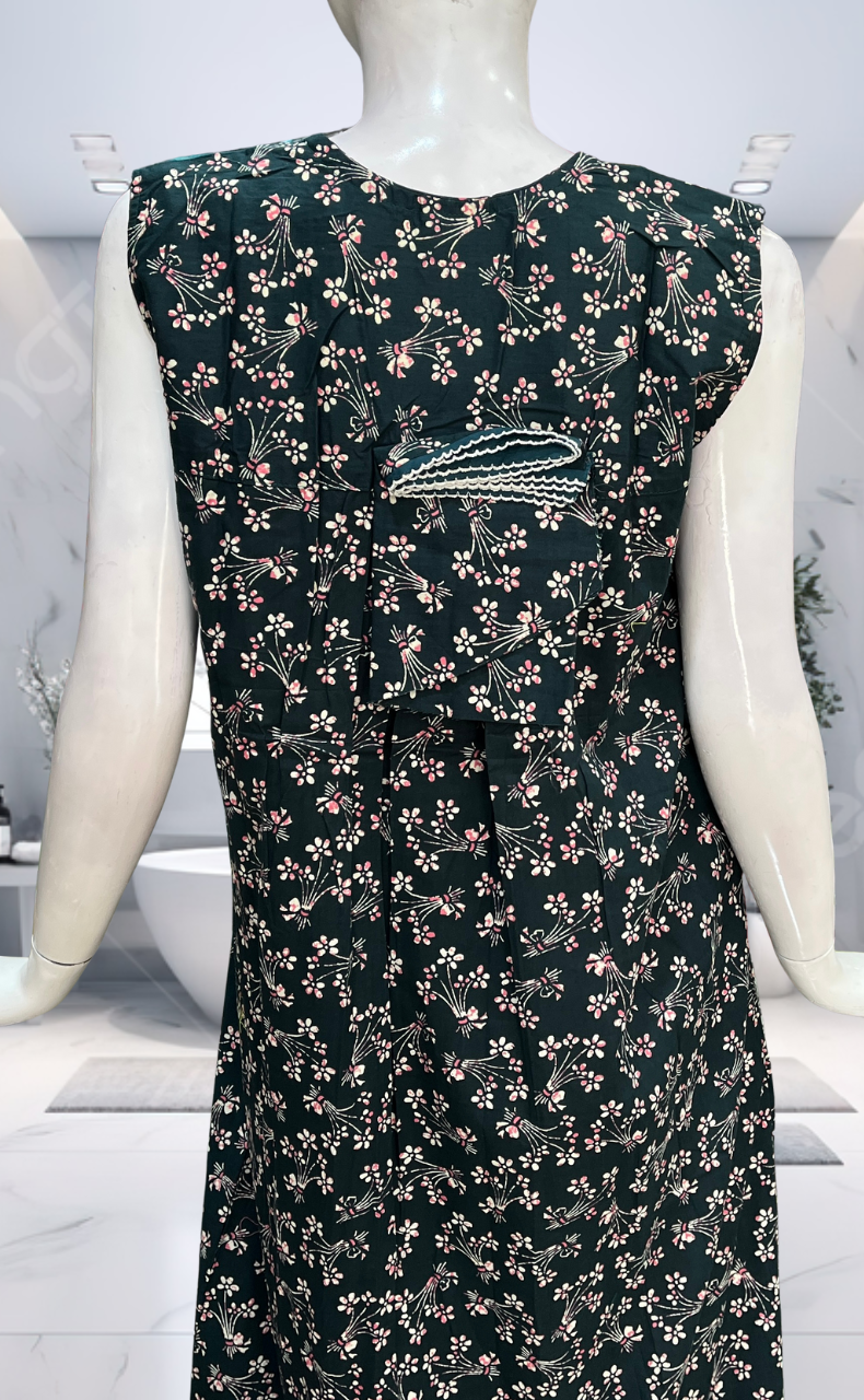 Bottle Green Garden Pure Cotton Sleeveless Nighty. Pure Durable Cotton | Laces and Frills