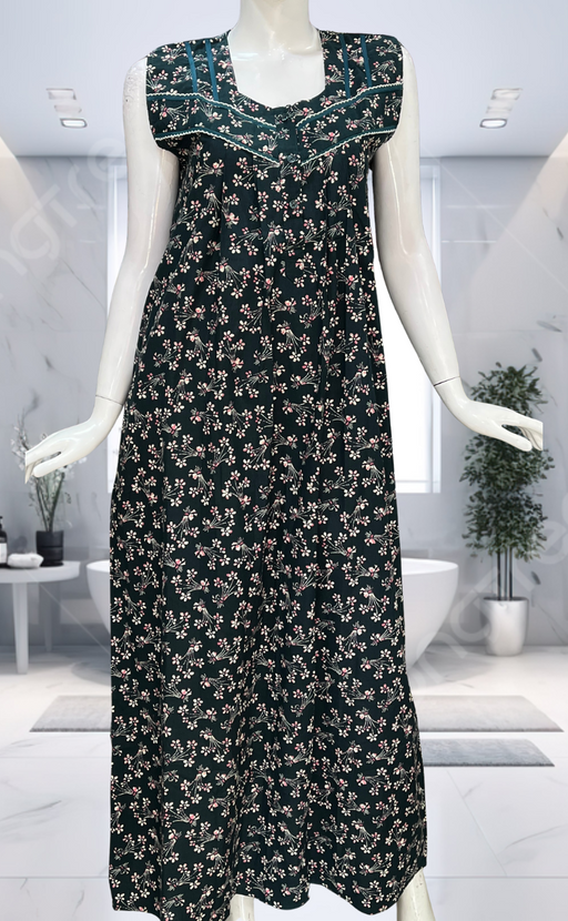 Bottle Green Garden Pure Cotton Sleeveless Nighty. Pure Durable Cotton | Laces and Frills