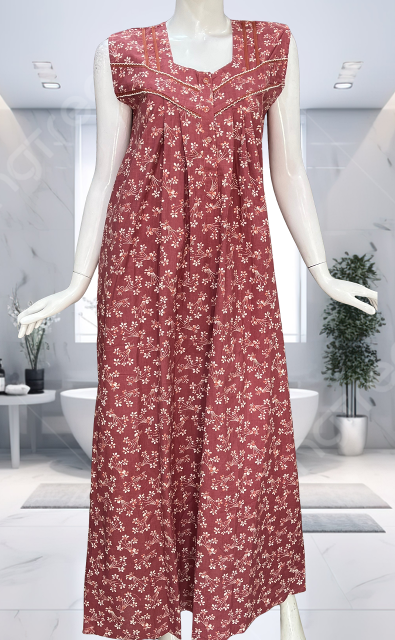 English Pink Garden Pure Cotton Sleeveless Nighty. Pure Durable Cotton | Laces and Frills