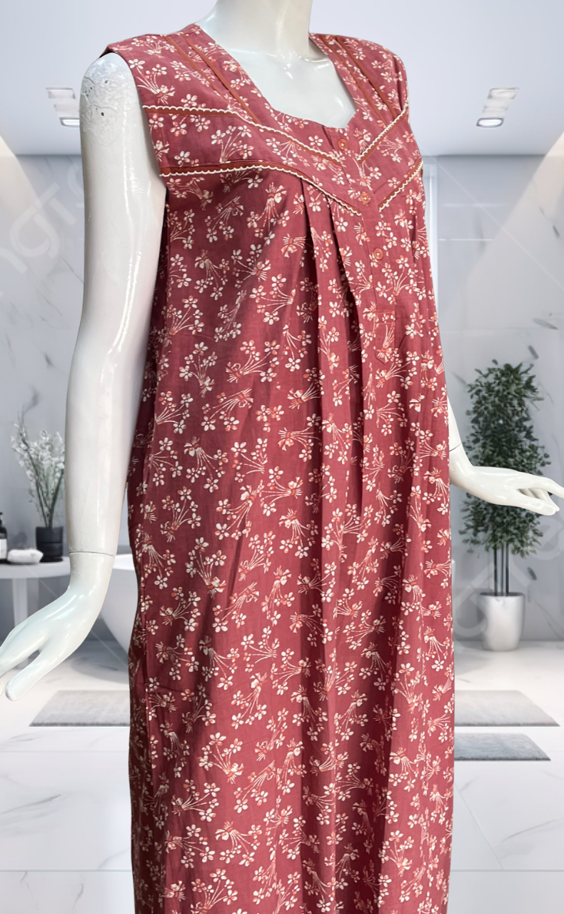 English Pink Garden Pure Cotton Sleeveless Nighty. Pure Durable Cotton | Laces and Frills