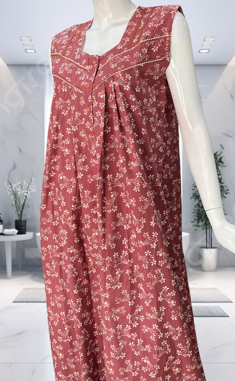 English Pink Garden Pure Cotton Sleeveless Nighty. Pure Durable Cotton | Laces and Frills