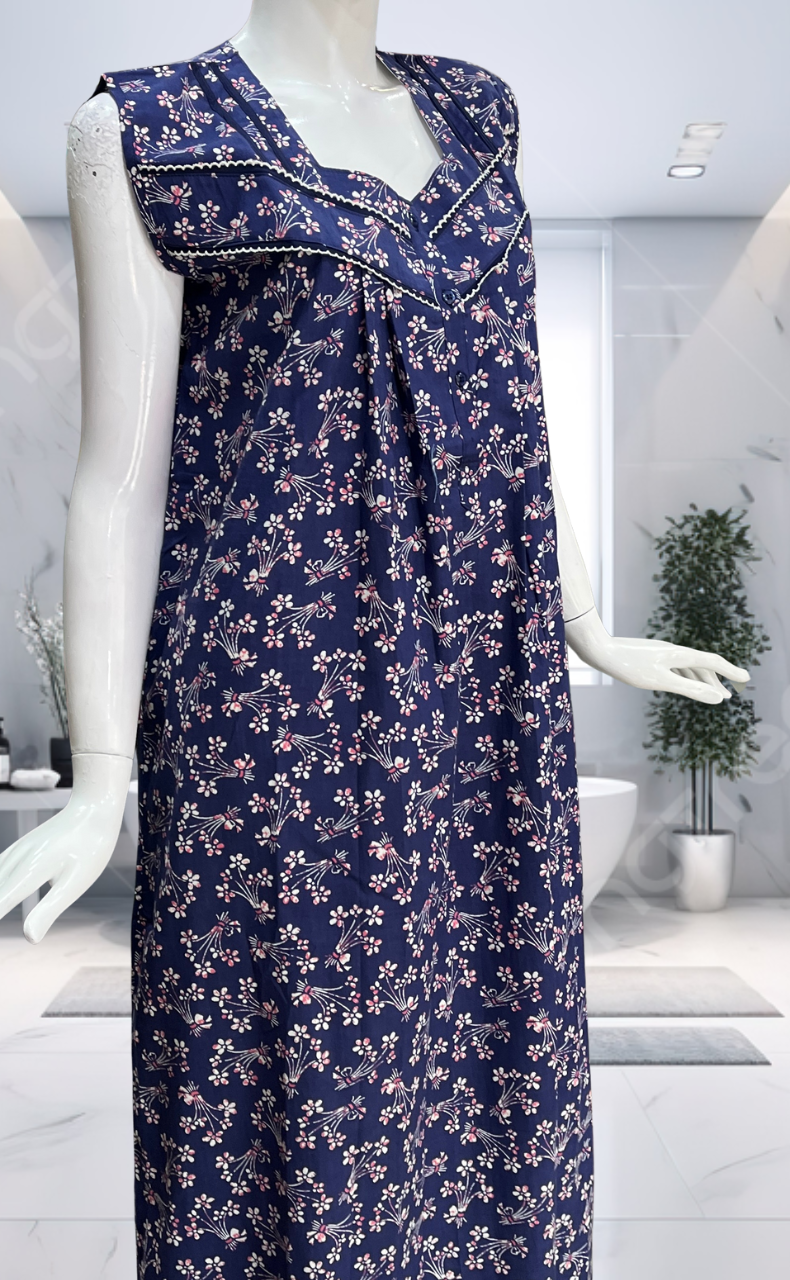 Blue Garden Pure Cotton Sleeveless Nighty. Pure Durable Cotton | Laces and Frills