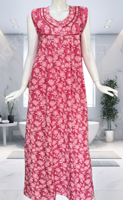 Pink Floral Pure Cotton Sleeveless Nighty. Pure Durable Cotton | Laces and Frills