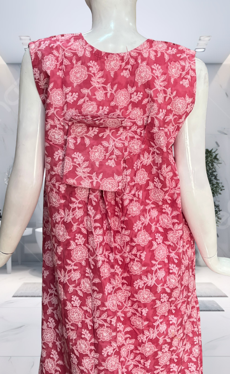 Pink Floral Pure Cotton Sleeveless Nighty. Pure Durable Cotton | Laces and Frills