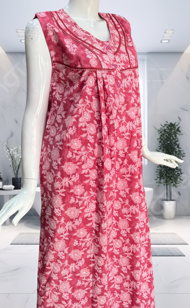 Pink Floral Pure Cotton Sleeveless Nighty. Pure Durable Cotton | Laces and Frills
